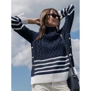 Tuckernuck Sweater Womens XS Navy Cable Knit Turtleneck Striped Nautical Button
